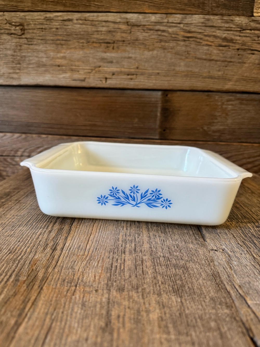 Vintage Anchor Hocking Milk Glass Baking Dish with Blue Floral Motif